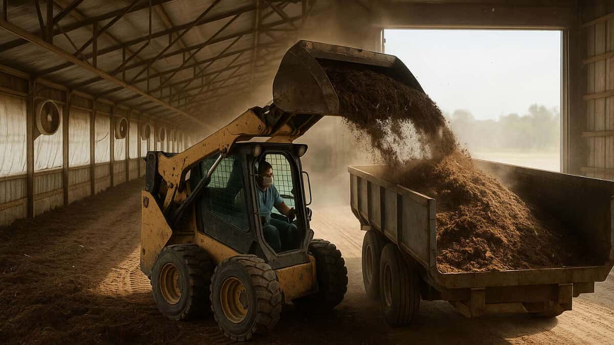Farm equipment cleaning out poultry house litter for transport