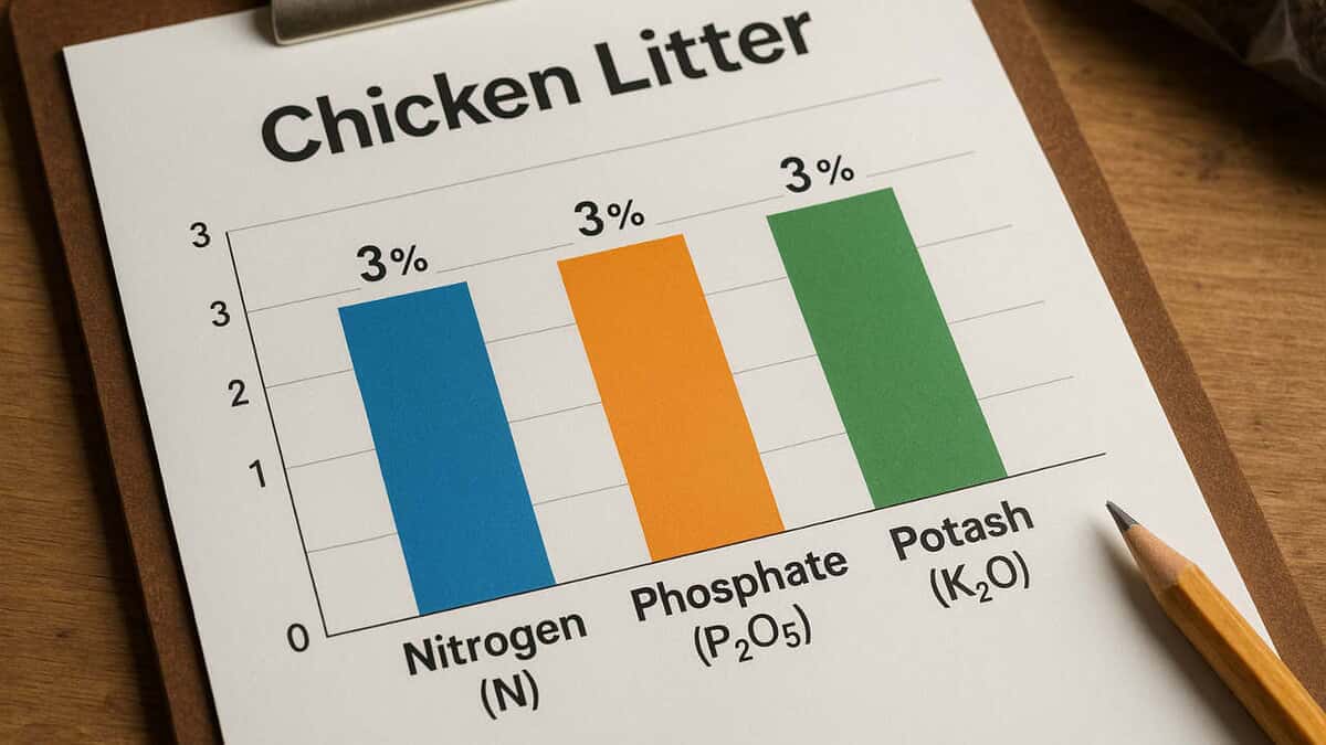 Close-up of nutrient chart showing nitrogen, phosphate, and potash values of chicken litter
