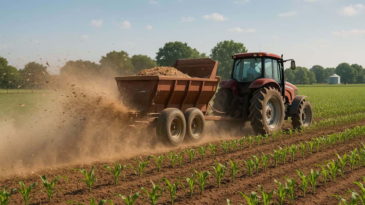 Crop field being fertilized with organic poultry litter