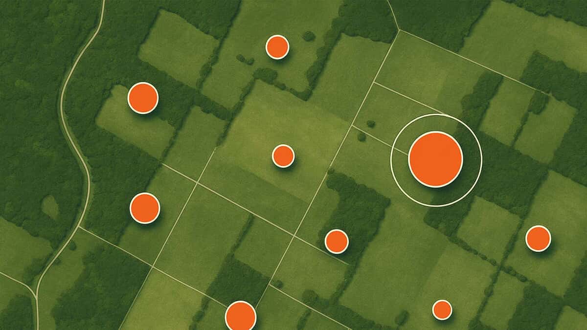 Map pins and acreage calculator representing hunting lease income benchmarks
