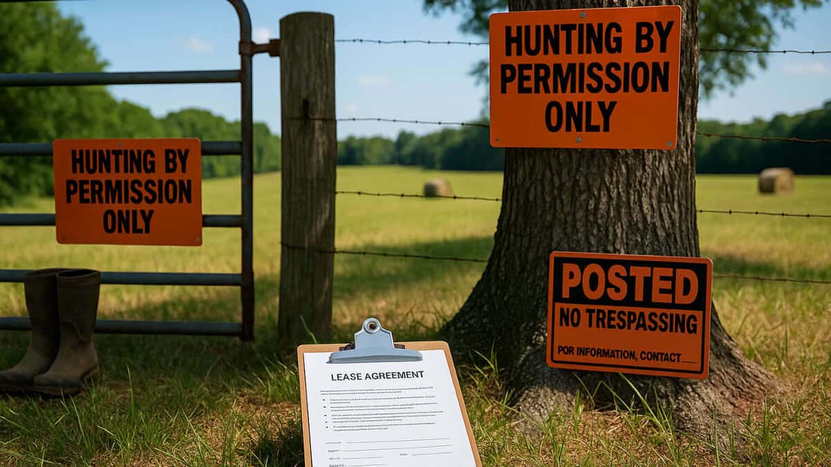 Simple written lease agreement and posted signs for hunting by permission only